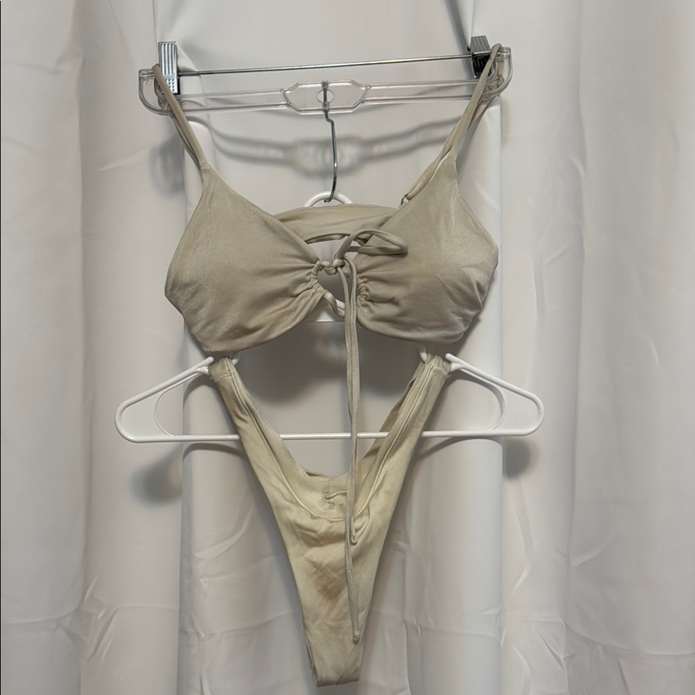 Cream Ruched Bikini Set with Drawstring Ties